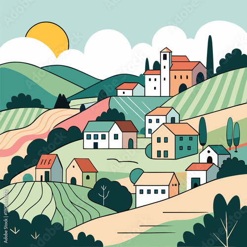 Idyllic countryside village with rolling hills and farmland at sunset