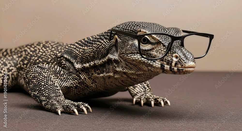 Obraz premium Unique wildlife portrait of monitor lizard varan in glasses showcasing quirky reptile character and personality