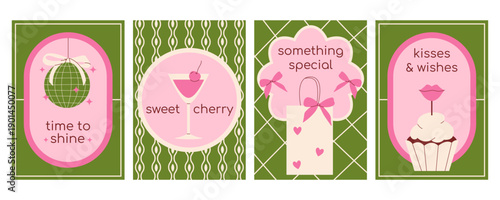 Festive greeting cards collection with disco ball, cherry cocktail, gift bag, cupcake with lips. Modern retro flat vector minimalist illustration set for birthday party, event, glamorous celebration