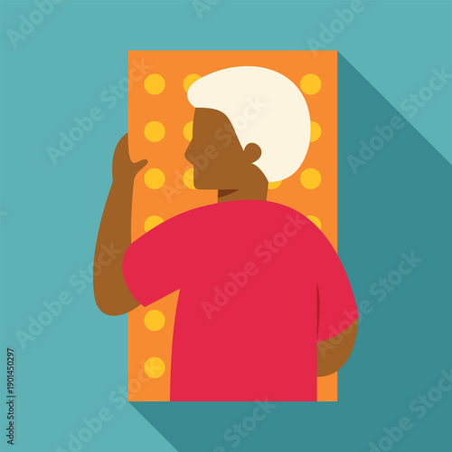 Flat illustration of a person sleeping peacefully on an orange bed with yellow dots