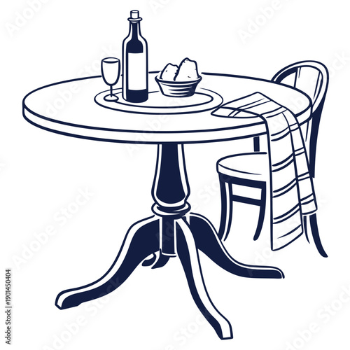 A cozy outdoor dining setup with a bottle of wine and a plaid blanket.