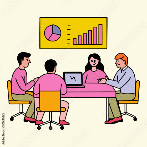 A group of business people and students sitting at desks with laptops and computers for a meeting and school lesson in an office classroom