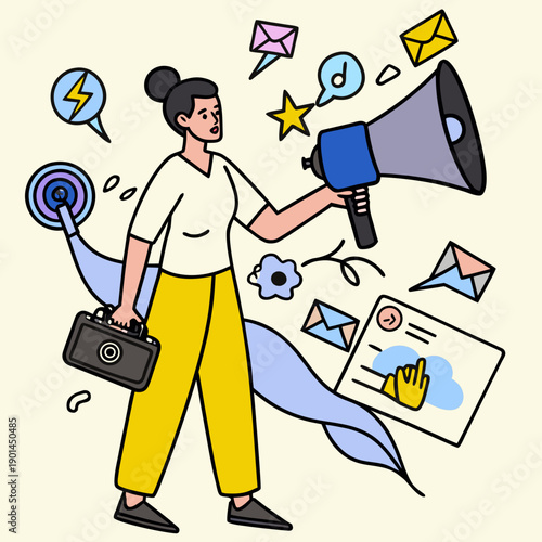 Funny cartoon illustration of a successful businessman and businesswoman holding money symbols while working as a professional office team