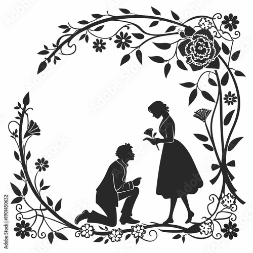 A vintage illustration of a man kneeling before a woman in a dress.