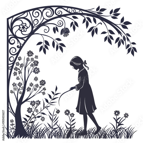 A young girl standing under a blooming tree in a serene garden setting.