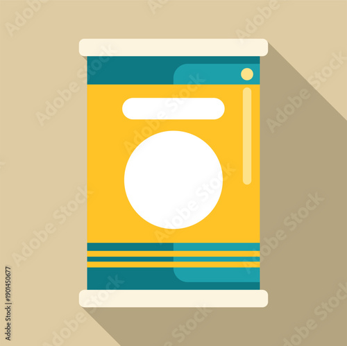Yellow tin can with a label in a flat design style, casting a long shadow