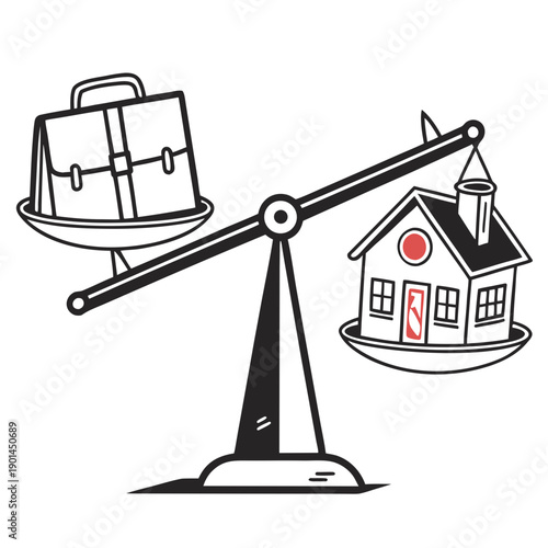 A scale balancing a suitcase and a house, symbolizing the choice between travel and home