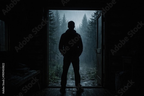 A man standing with his back to us looking out into a forest through an open doorway.
