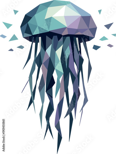 ow-poly vector illustration of a jellyfish drifting serenely, translucent bell rendered in sharply faceted polygonal geometry