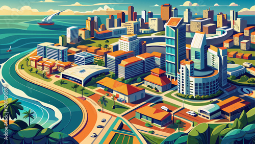 Very beautiful aerial photograph of Luanda’s coastline, revealing the striking contrast between modern developments and historic neighborhoods along the vibrant urban landscape of Angola’s capital cit