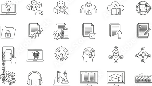 Education icons, digital learning symbols, research graphics, online study tools, innovation visuals, academic elements, technology interface, cloud data, secure access, global knowledge
