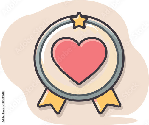 Minimal heart badge shape viewed straight-on in frontal orientation, placed in the right third of a 3:2 canvas leaving calm empty