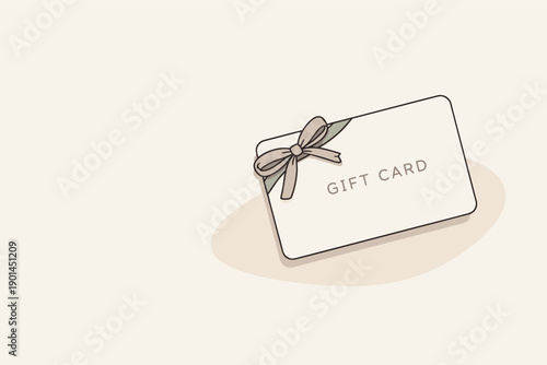 Calm minimal gift card concept with card and ribbon slightly angled for balance shown from above, arranged in the right third of