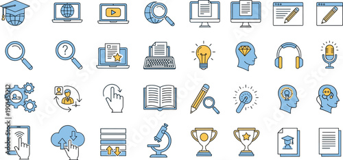 Education icons, academic symbols, research tools, learning graphics, e-learning visuals, study elements, achievement badges, digital resources, colorful design, flat style