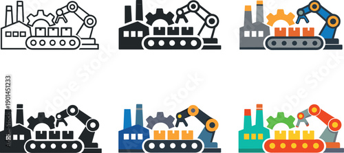 Industrial operations workflow symbol illustrating a factory, conveyor belt, gear, and robotic arm, conveying production