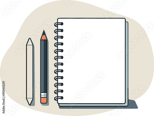 Clean artist sketching essentials viewed from above with generic sketchbook graphite pencil and blending stump aligned clearly,