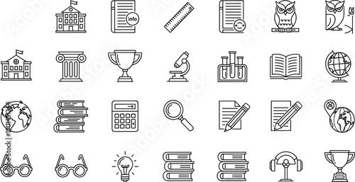 Education icons, academic symbols, school tools, learning elements, study graphics, knowledge visuals, science tools, classroom items, teaching aids, student resources
