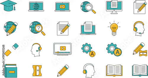 Education icons, academic tools, online learning, digital study, research symbols, student support, global knowledge, creative design, innovation ideas, success