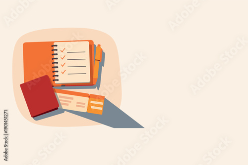 Travel reminders checklist concept with simple notebook pen passport and boarding pass arranged neatly seen from top-down view,