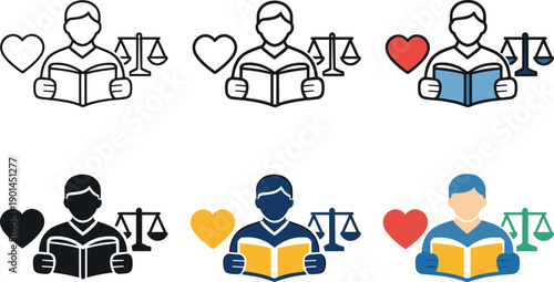 Character education symbol showing a teacher, open book, heart, and scales of justice, conveying lessons in morality, ethics, and
