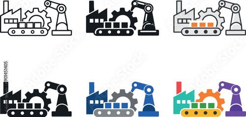 Production management icon featuring a factory, conveyor, gear, and robotic arm, symbolizing industrial workflow systems,