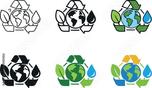 Environmental market icon illustrating a leaf, globe, recycling symbol, and water drop, conveying sustainable trade practices,