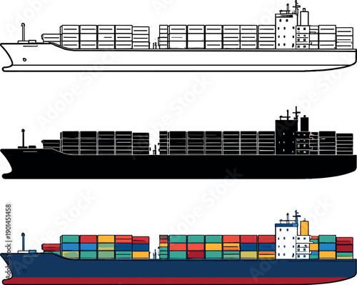 Distribution route context depicted as a long-haul cargo ship with stacked containers on deck and simple hull profile viewed from
