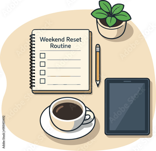 Clean weekend reset routine concept viewed from above with generic notebook coffee cup plant and tablet aligned clearly, placed