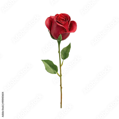 Single red rose stem with a partially open bloom, smooth velvety petals with subtle sheen, long green stem and natural leaf detail isolated on transparent background
