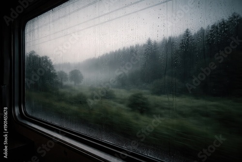 A train window with raindrops on it showing trees outside.