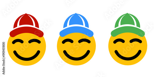smile emoticon wearing a hat. fun emoticons. smiling emoticon wearing a head covering