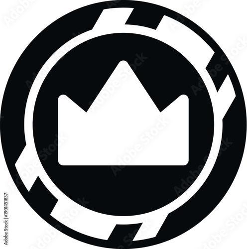 Black and white poker chip displaying a crown icon symbolizing win and royalty