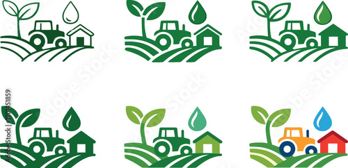 Eco Farming Icon Grid. Green agriculture symbol illustrating a sprout, tractor, water droplet, and barn, conveying eco-conscious