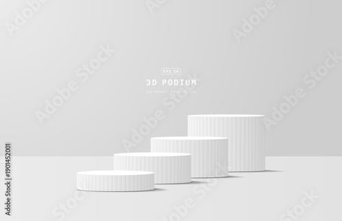 Soft realistic white 3d cylinder podium in clean studio showroom. 3D vector stage for product mockup. 3d vector geometric platform design. Vector rendering. Minimal scene for product promotion.