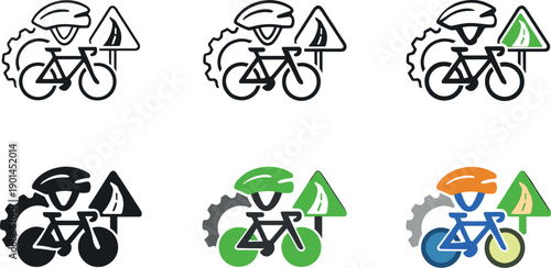 Personal mobility and bicycle icon combining a cycle, helmet, gear, and road sign, representing sustainable commuting, exercise,