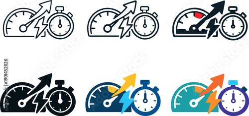 Acceleration and performance icon featuring a speed dial, climbing arrow, electric spark, and timer, symbolizing quick upgrades