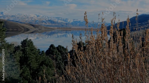 Autumn reeds and golden grass in foreground, calm lake reflecting snowy mountains and hills, green trees on edge, blue cloudy sky, serene Topaz Lake, Nevada–California panoramic landscape.