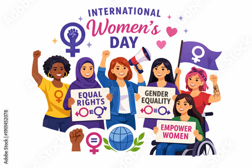 International Women's Day celebration with diverse women advocating for equality and empowerment