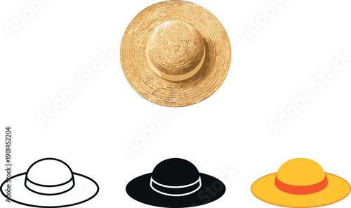 Straw Hat Icons. Sunny weekend scene portrayed as a wide-brim straw hat with rounded crown and subtle band detail shown in top