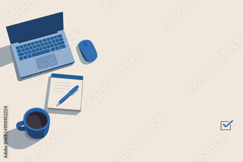 Minimal home office productivity essentials loosely arranged on a desk seen from a top-down angle, offset to the left third of a