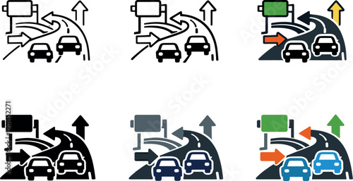 Stylized Travel Icons. Highway travel icon depicting stylized cars, roads, directional arrows, and road signs representing road