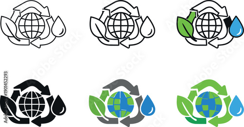 Environmental protection icon featuring a leaf, globe, recycle symbol, and water drop, symbolizing climate change mitigation,