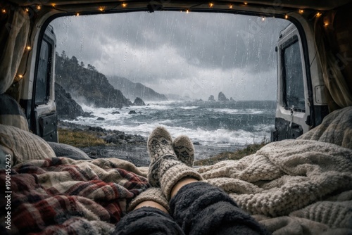 A person is lying down with their feet up looking out of a car window at the ocean.