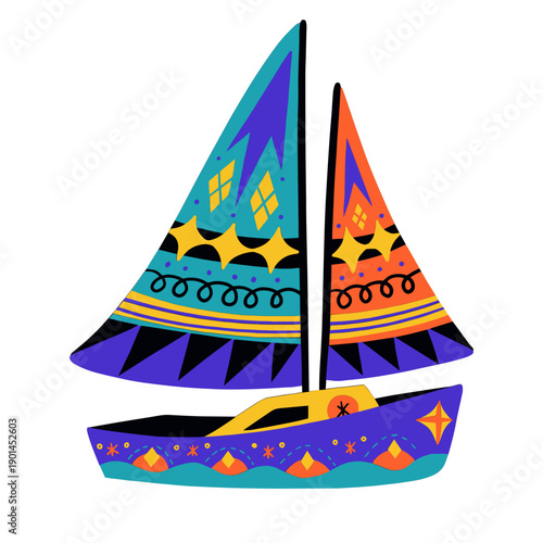 A colorful sailboat with vibrant patterns and designs on its sails and hull