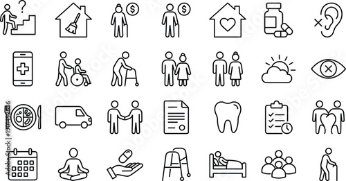 Elderly care icons, health service symbols, senior support graphics, medical assistance, wellness tools, minimal line art, aging concept illustrations