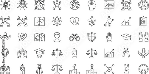 Education icons, leadership symbols, teamwork vector set, global communication graphics, achievement illustrations, unity visuals, academic elements, black line art