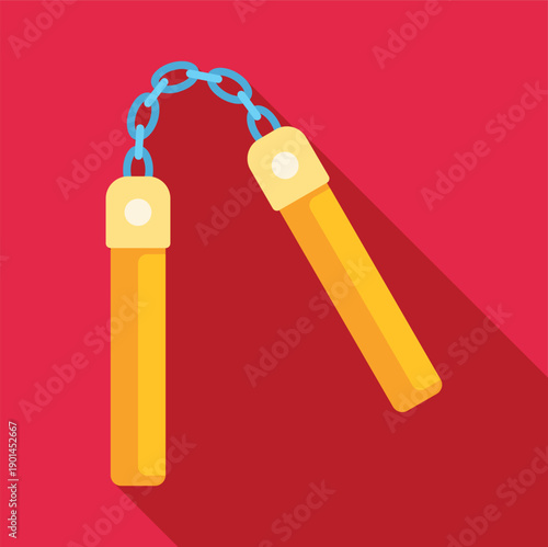 Nunchaku weapon with long shadow depicting martial arts training tool on red background