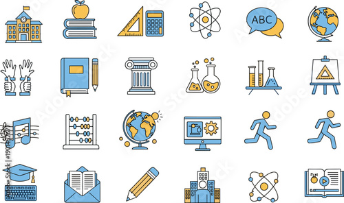 Education icons, learning symbols, school tools, academic graphics, science visuals, classroom elements, study materials, teaching aids, student resources, digital education