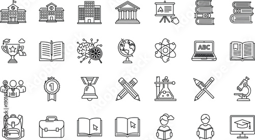 Education line icon collection, school university learning symbols, books science students teachers online study academic vector set