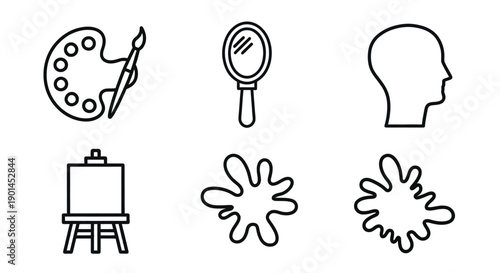 Six icons represent artistic expression and the human mind.